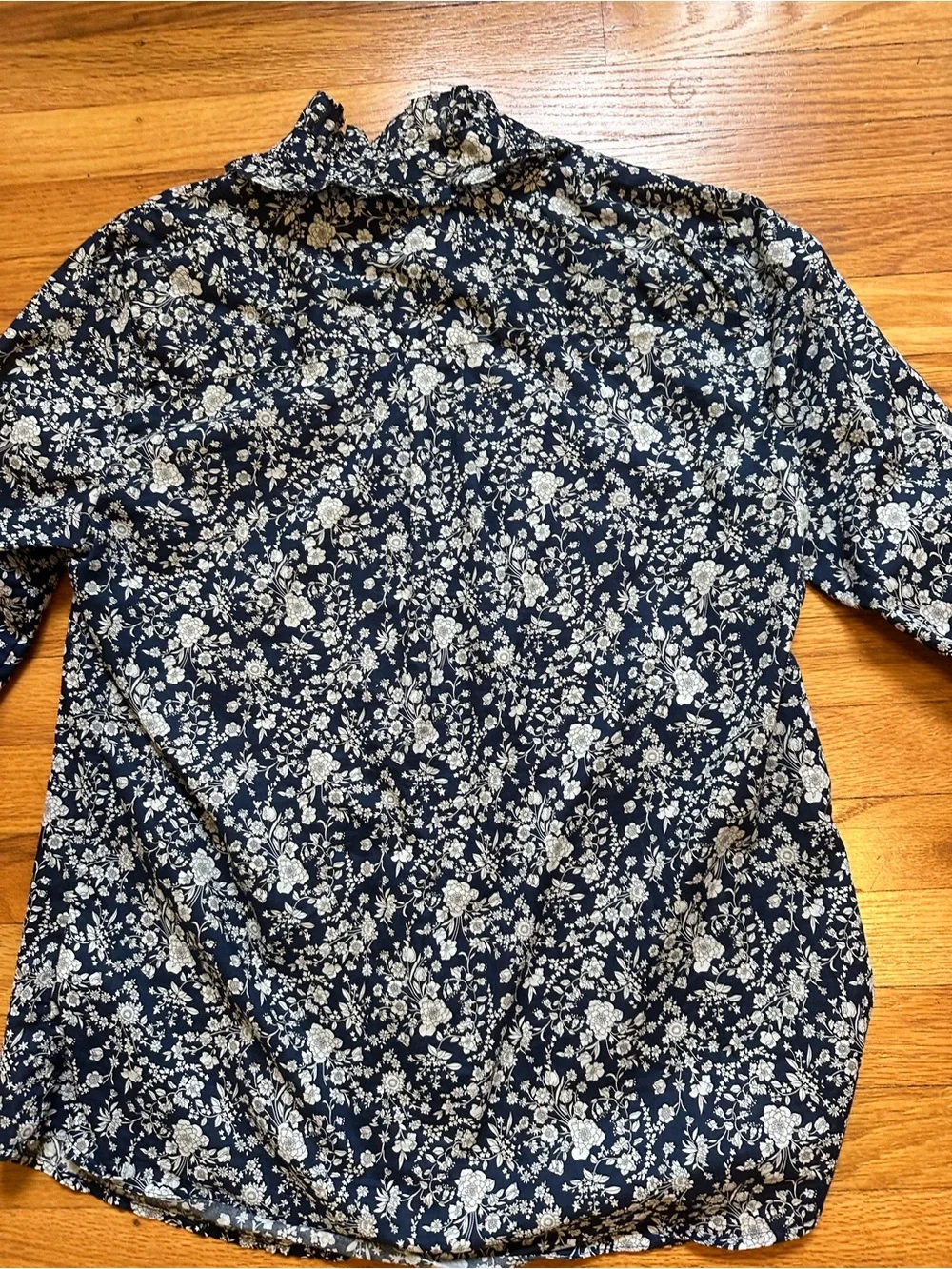 Liberty x J Crew Navy and White Floral Ruffled Collar Shirt
